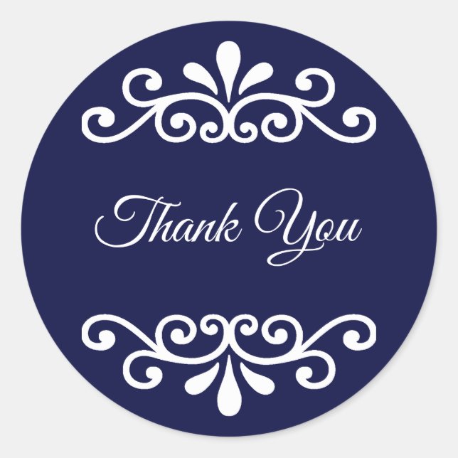 Elegant Thank You Calligraphy on Navy Blue Classic Round Sticker (Front)