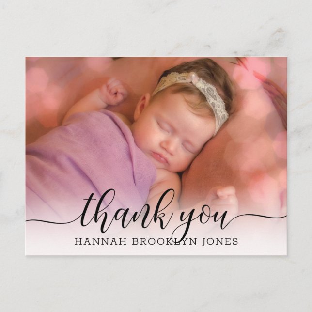 Elegant Thank You Calligraphy Photo Birth Announcement Postcard (Front)