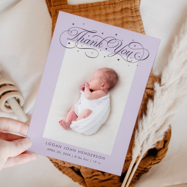 Elegant Thank You Calligraphy Purple Birth Announcement (Creator Uploaded)