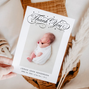 Elegant Thank You Calligraphy White Birth Announcement