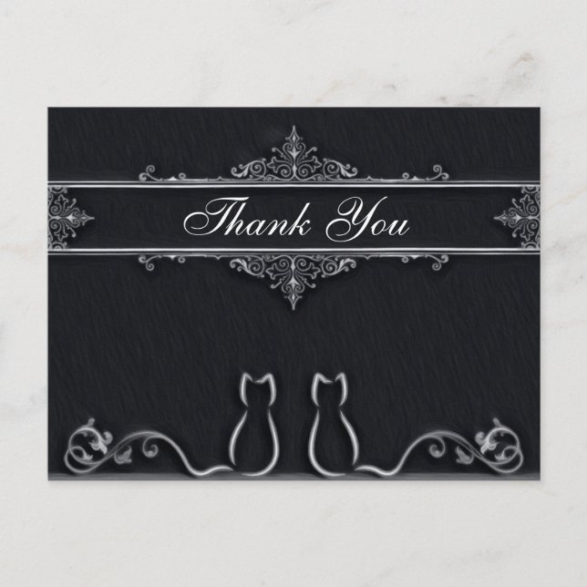 Elegant Thank You Cats, Tail Vines, Black & White Postcard (Front)