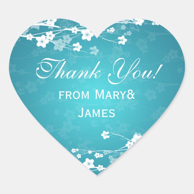 Elegant  Thank you Cherry Blossom Blue Heart Sticker (Front)
