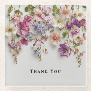 Elegant "Thank You" Design with Hanging Flowers Glass Coaster