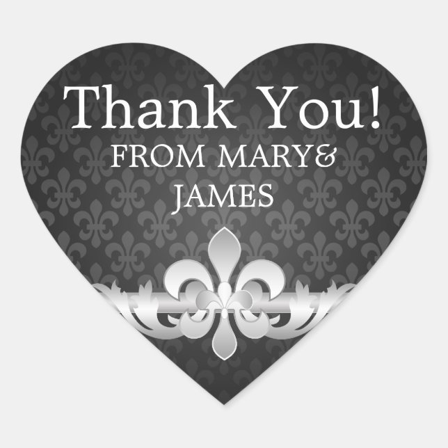 Elegant  Thank you Fleur De Lis Black Heart Sticker (Front)