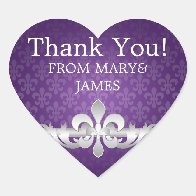 Elegant  Thank you Fleur De Lis Purple Heart Sticker (Front)