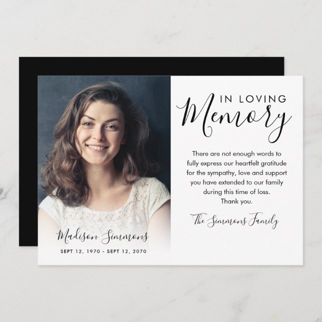 Elegant Thank You Funeral Photo Sympathy Grief (Front/Back)