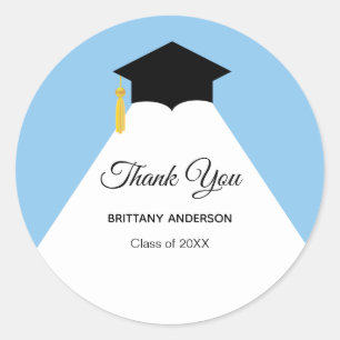 Elegant Thank You Graduation on Light Blue & White Classic Round Sticker