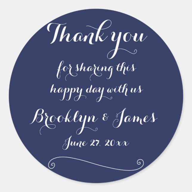 Elegant Thank You Navy Blue Round Wedding Stickers (Front)