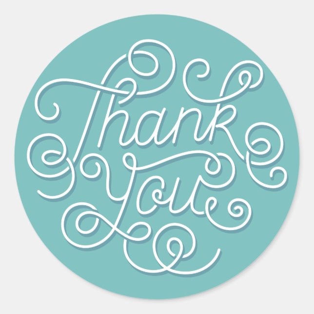 Elegant thank you ornate script font teal white classic round sticker (Front)