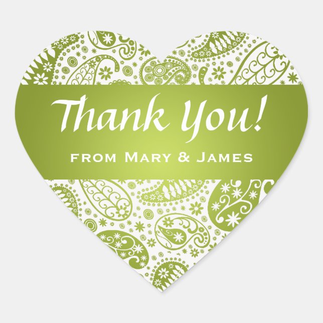 Elegant  Thank you  Paisley Pattern Lime Green Heart Sticker (Front)