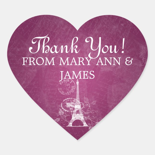 Elegant  Thank you Romantic Paris Berry Pink Heart Sticker (Front)