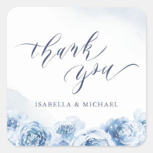 Elegant thank you script blue watercolor floral square sticker