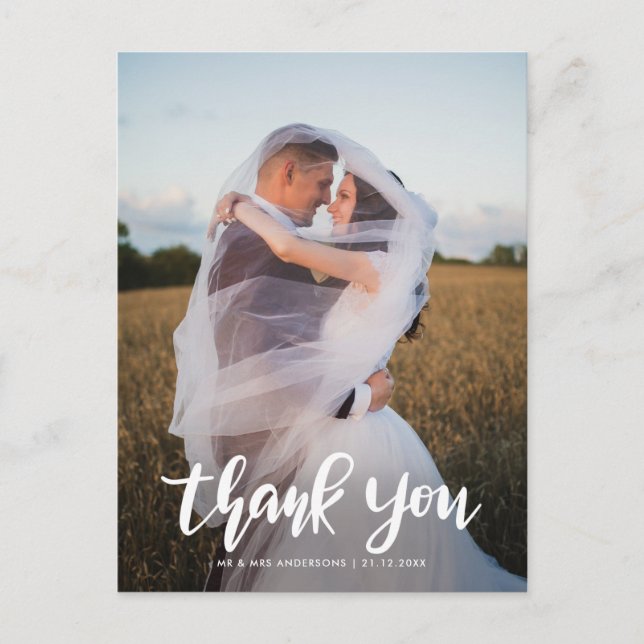 Elegant Thank You Script Couple Photo Wedding Postcard (Front)