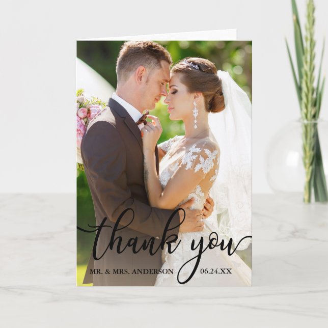 Elegant Thank You Script Wedding Photo Fold Card B (Front)