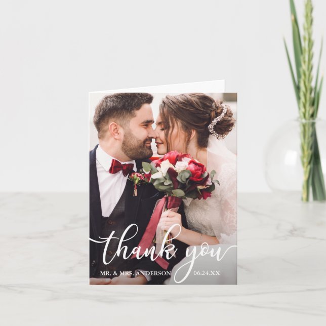 Elegant Thank You Script Wedding Photo Note Card (Front)