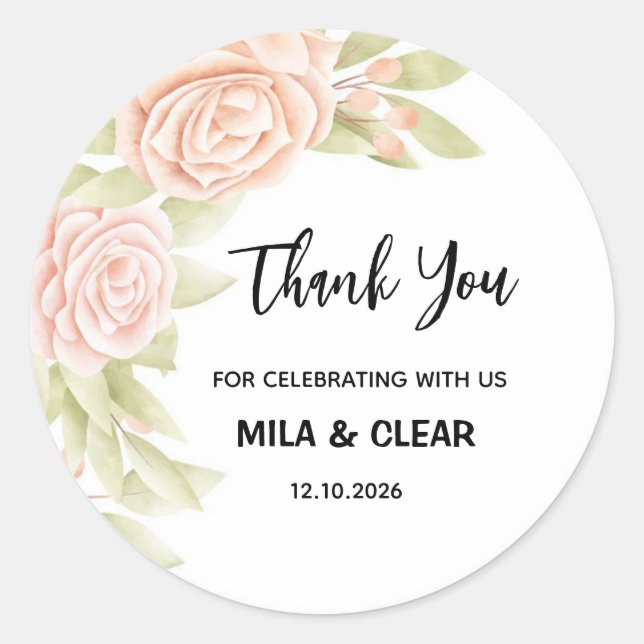 Elegant Thank You Sticker for Weddings, Parties (Front)