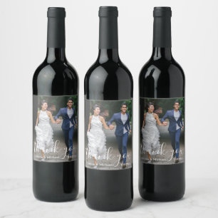 elegant thank you,stylish script  wedding photo wine label