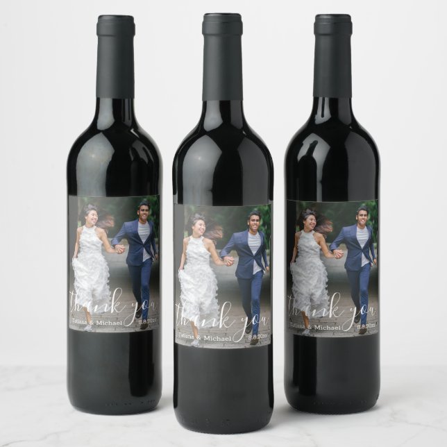 elegant thank you,stylish script  wedding photo wine label (Bottles)