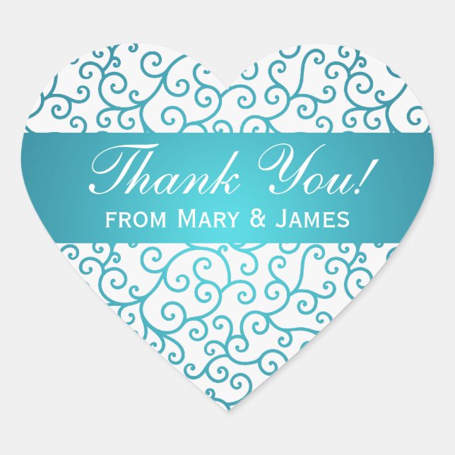 Elegant  Thank you Swirls Pattern Aqua Blue Heart Sticker (Front)