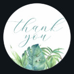 Elegant Thank You Tropical Wedding Stickers<br><div class="desc">These wedding stickers feature watercolor monstera and palm leaves. The words "Thank You" are set in elegant script typography. To see the matching tropical wedding theme visit www.zazzle.com/dotellabelle 

Watercolor art and design by Victoria Grigaliunas</div>