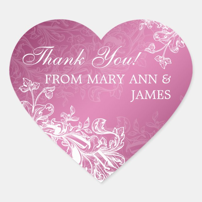Elegant  Thank you Vintage Swirls Pink Heart Sticker (Front)