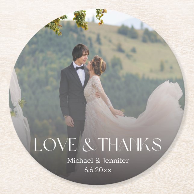 elegant thank you wedding faded photo round paper coaster (Front)