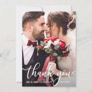 Elegant Thank You White Script Wedding Photo Card