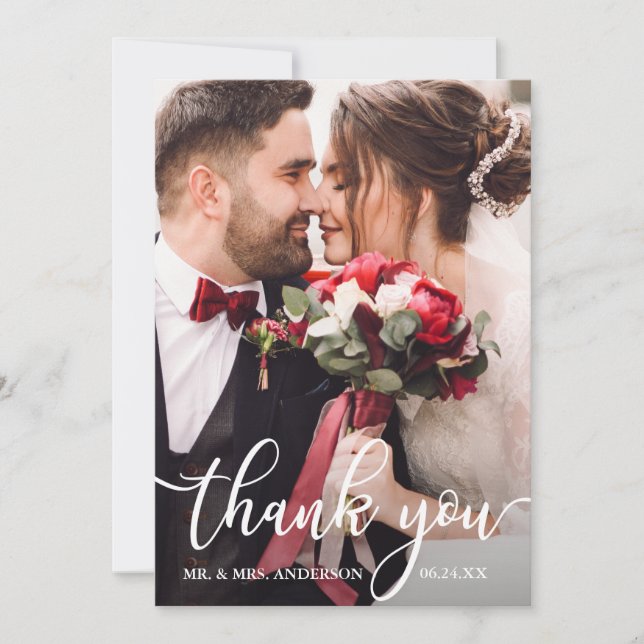 Elegant Thank You White Script Wedding Photo Card (Front)