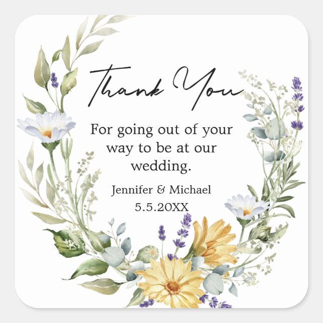 elegant thank you wildflowers stylish botanical square sticker (Front)
