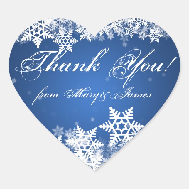 Elegant Thank you Winter Snowflakes Blue Sapphire Heart Sticker (Front)
