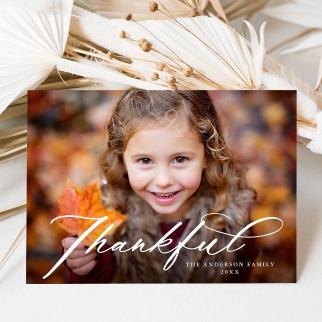 Elegant Thankful Bold Script Photo Thanksgiving Holiday Card (Creator Uploaded)