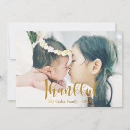 Elegant "Thankful" Golden-coloured Photo Custom Holiday Card