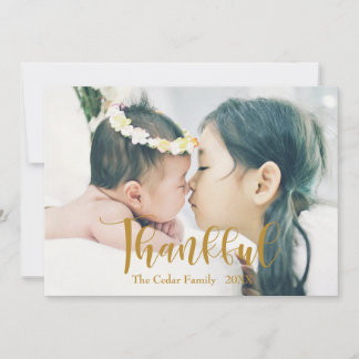 Elegant "Thankful" Golden-coloured Photo Custom Holiday Card