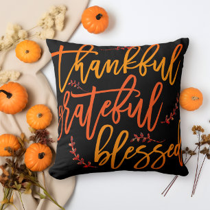 Elegant Thankful Grateful Blessed Typography Black Cushion