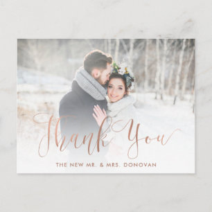 Elegant Thanks Faux Rose Gold with Wedding Photo Postcard