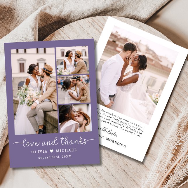 Elegant Thanks Purple Five Photo Collage Wedding Thank You Card (Creator Uploaded)