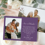 Elegant Thanks Script 2 Photo Mauve Wedding  Thank You Card<br><div class="desc">Elegant Modern Minimalist Hand Lettered 2 Photo Wedding Thank You Card in Mauve Purple colour. Stylish wedding thank you card template featuring one photo on the front and one photo on the back. With the text "Love and thanks" in a swirly hand lettered calligraphy or typography script font in white...</div>