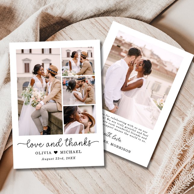 Elegant Thanks Script Five Photo Collage Wedding Thank You Card (Creator Uploaded)