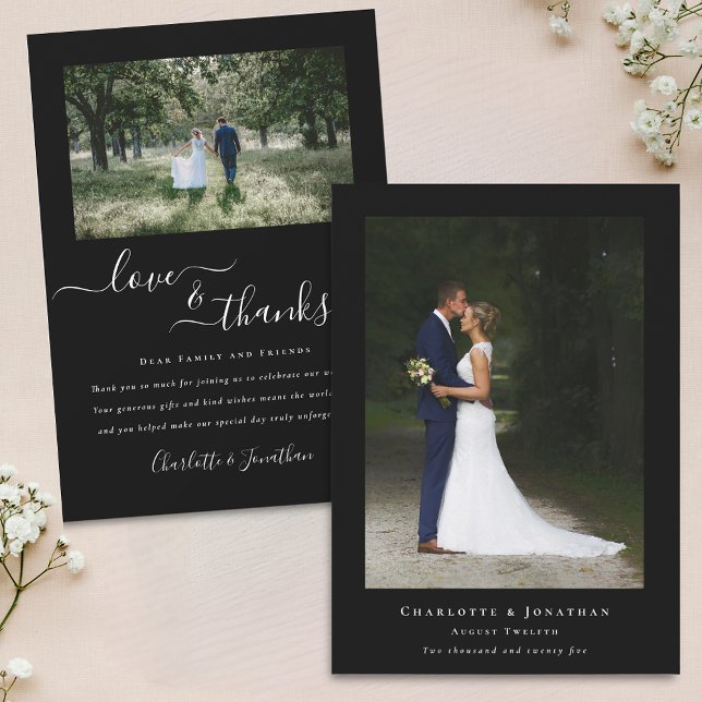 Elegant Thanks Wedding 2 Photo Black and White Thank You Card (Elegant love and thanks script calligraphy 2 photo wedding thank you modern black and white card)