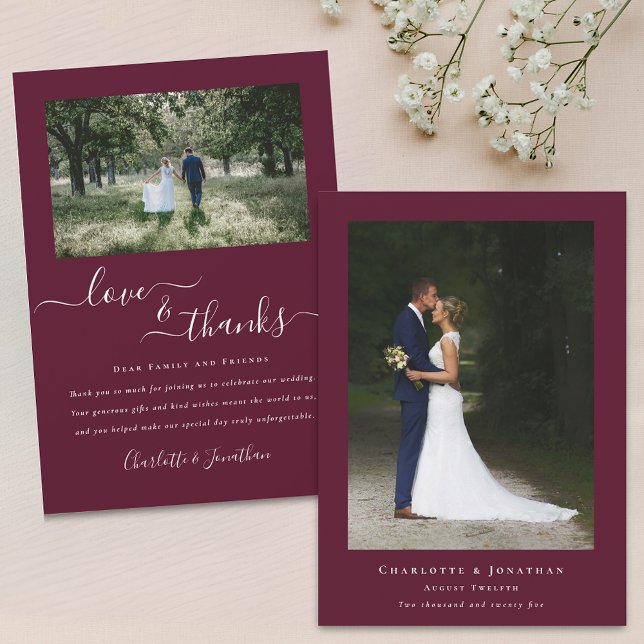 Elegant Thanks Wedding 2 Photo Burgundy Thank You Card (Modern elegant calligraphy script love and thanks 2 photo wedding thank you burgundy flat card)