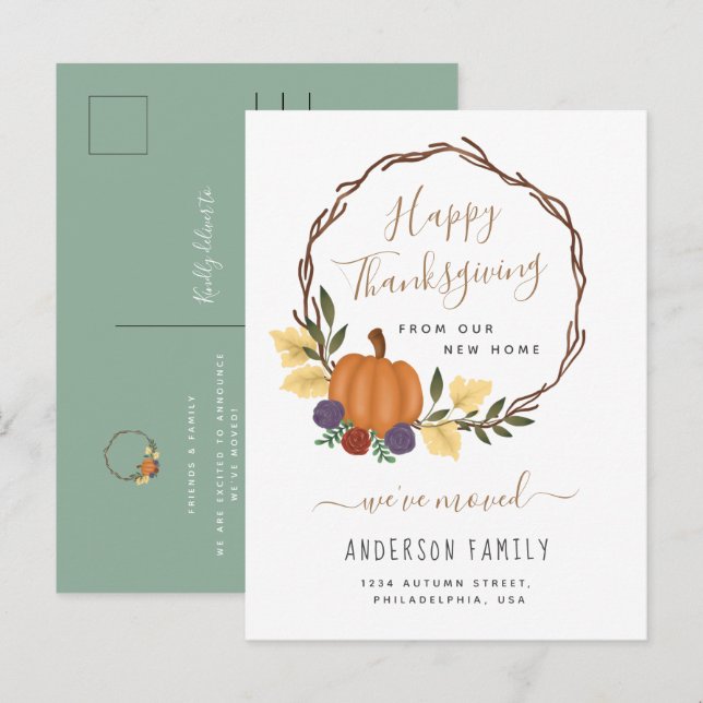 Elegant Thanksgiving Autumn Pumpkin Wreath Moving Announcement Postcard (Front/Back)