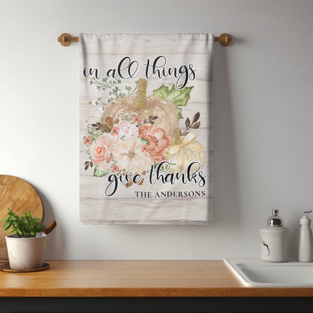Elegant Thanksgiving Chic Floral Pumpkin Name Tea Towel (Creator Uploaded)