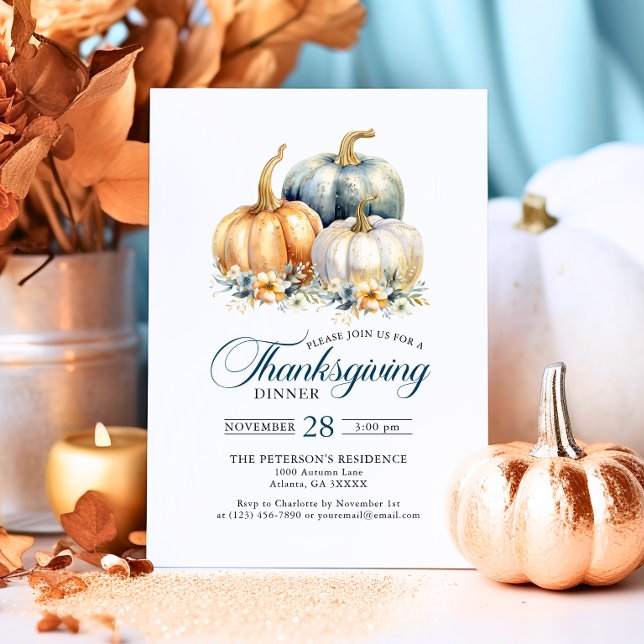 Elegant Thanksgiving Dinner Blue Gold Pumpkins Invitation (Thanksgiving Dinner Blue Orange Gold Pumpkins Invitation)