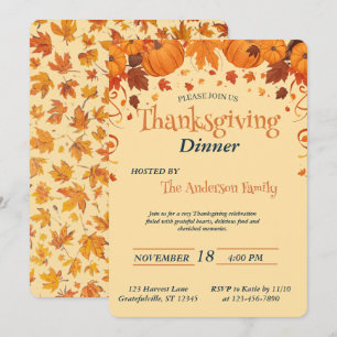 Elegant Thanksgiving Dinner Pumpkin Autumn Leaves Invitation