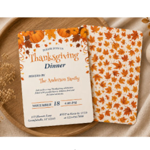 Elegant Thanksgiving Dinner Pumpkin Autumn Leaves  Invitation