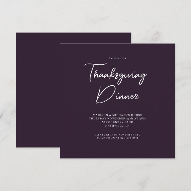 Elegant Thanksgiving Dinner Purple Script Invitation (Front/Back)