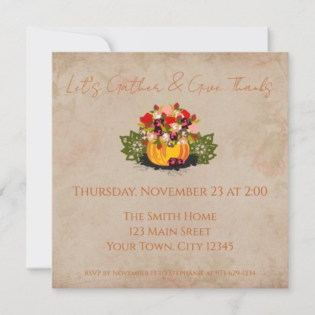 Elegant Thanksgiving Family Friends Pumpkin Leaves Invitation (Front)