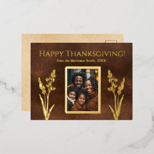 Elegant Thanksgiving Family Photo Fall Botanical Foil Holiday Postcard