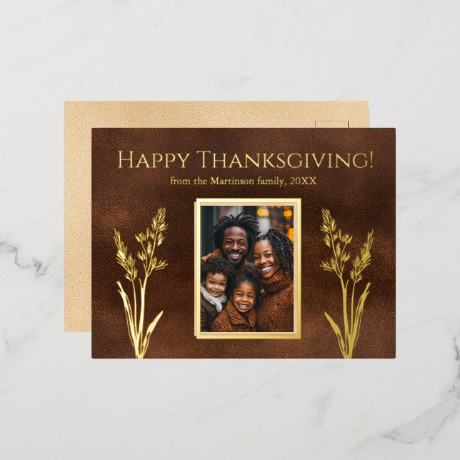 Elegant Thanksgiving Family Photo Fall Botanical  Foil Holiday Postcard (Front/Back)