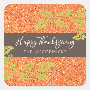 Elegant Thanksgiving Orange Glitter Customised Square Sticker